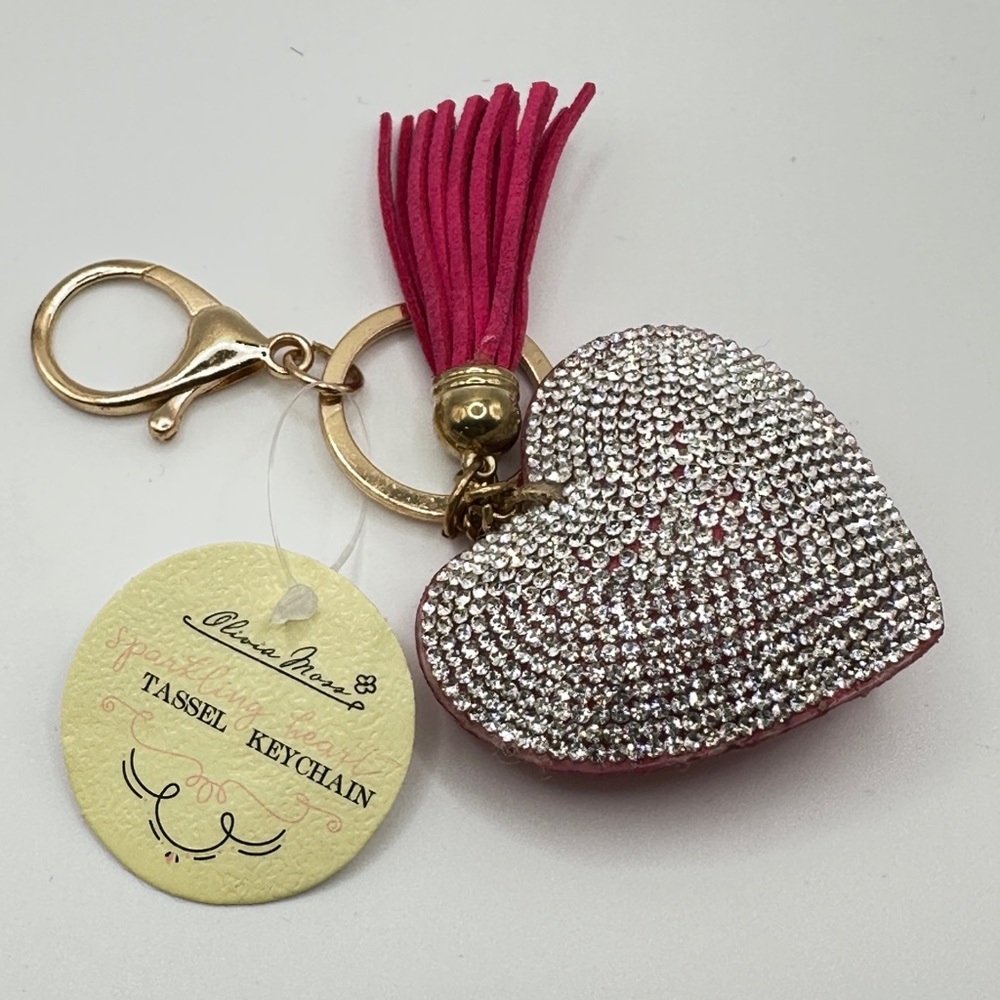 Olivia M Silver Heart Keychain with Pink Tassel